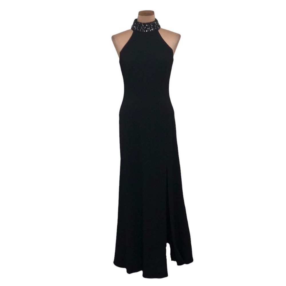 NWD Belle Badgley Mischka Alyssa Maxi Dress Size 6 Black Rhinestone Halter Gown